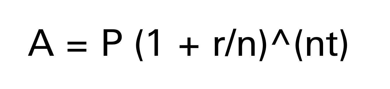 A equals P multiplied by the quantity one plus r divided by n, all raised to the power of n times t